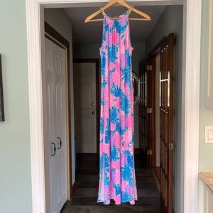 Lilly Pulitzer Bingham Midi Halter Print Dress Pink Blue Floral Size Small